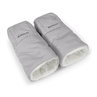 A pair of light gray insulated gloves with white sherpa lining, shown on a clean white background. The brand name 'UPPAbudhy' is printed in black on the upper cuff of each glove.