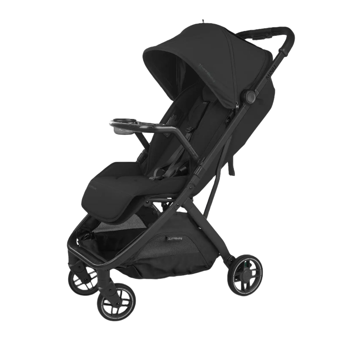 An UPPAbaby Minu V3 stroller in black, shown from a three-quarter angle against a white background with an attached snack tray on the front.