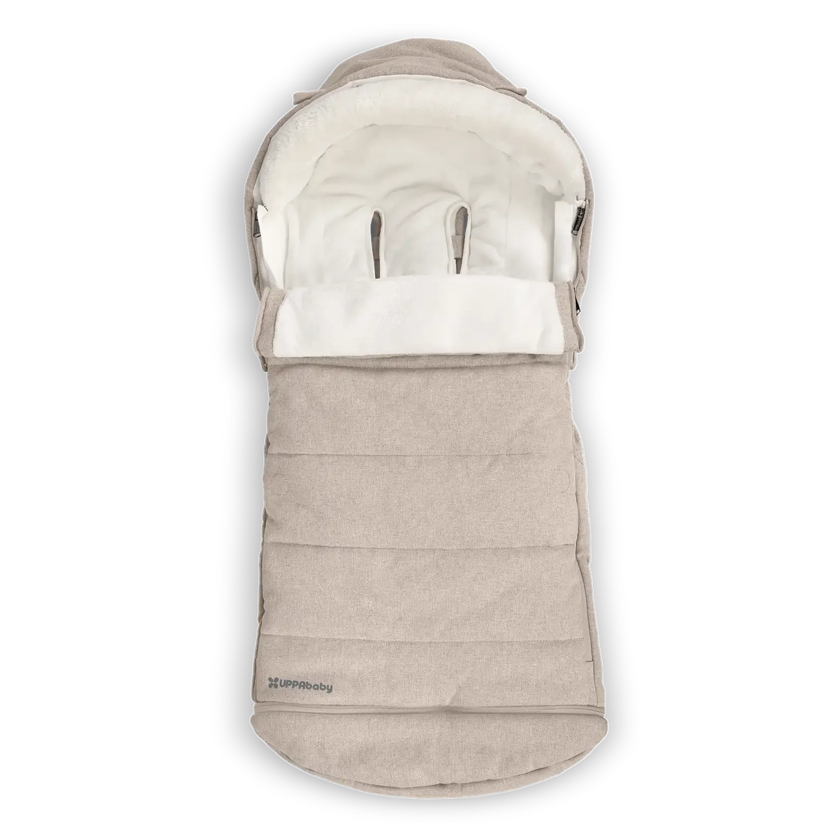 UPPAbaby CozyGanoosh Footmuff in a light neutral mélange fabric.