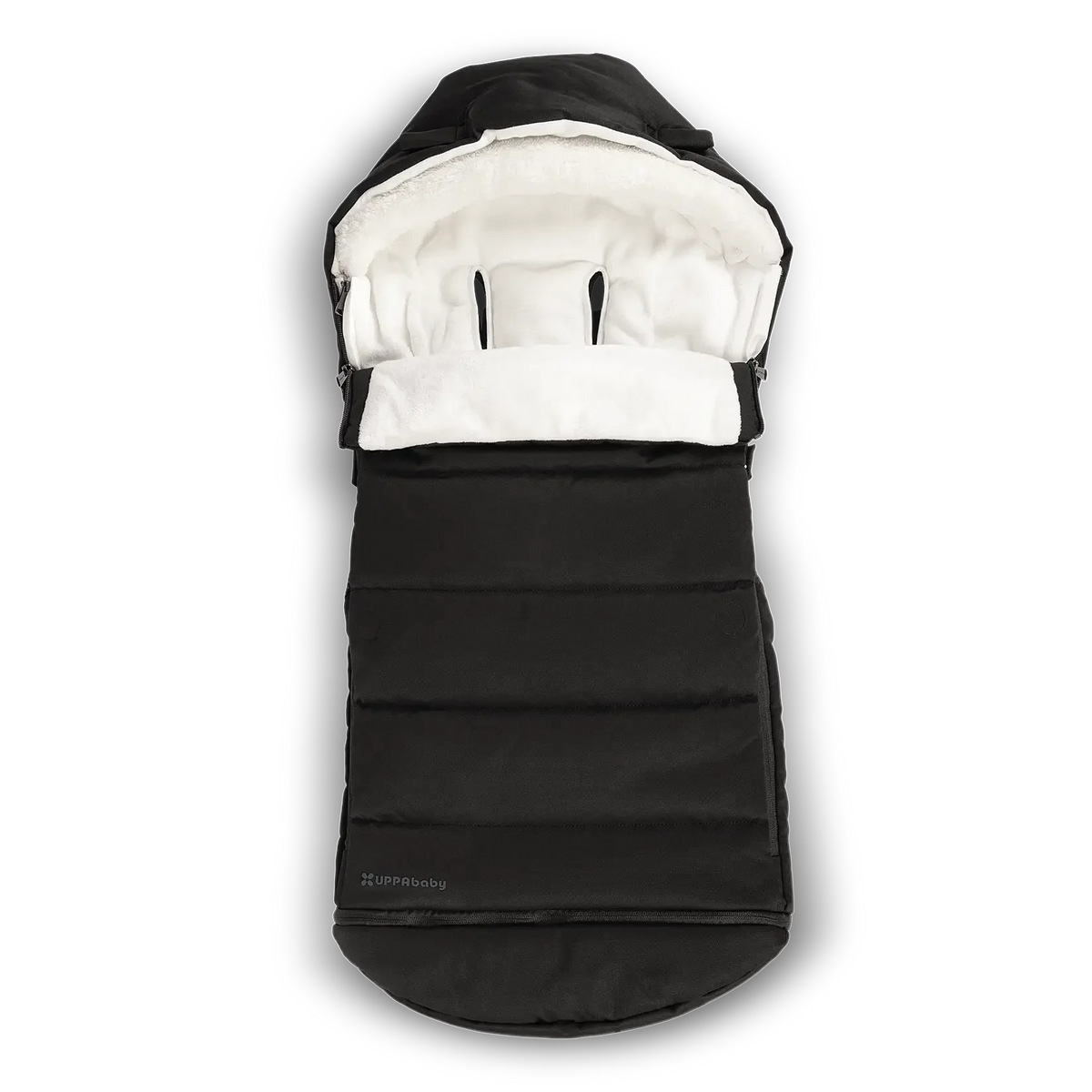 UPPAbaby CozyGanoosh Footmuff in a black fabric.