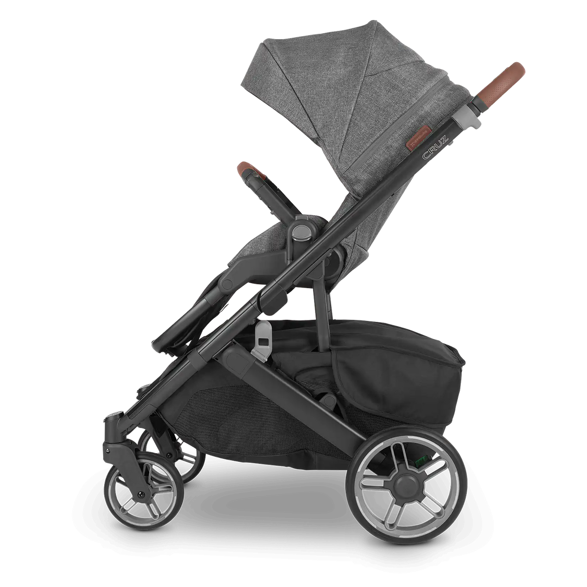 Black and gray stroller on a white background