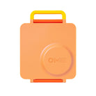 An orange plastic storage case with a yellow top handle and red accents, featuring the embossed brand name 'OMIE' on the front, set against a plain white background.