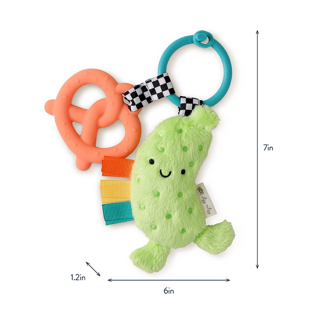 Colorful baby teething toy with a green plush toy and orange and blue teethers, shown with measurements on a white background.
