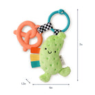Colorful baby teething toy with a green plush toy and orange and blue teethers, shown with measurements on a white background.