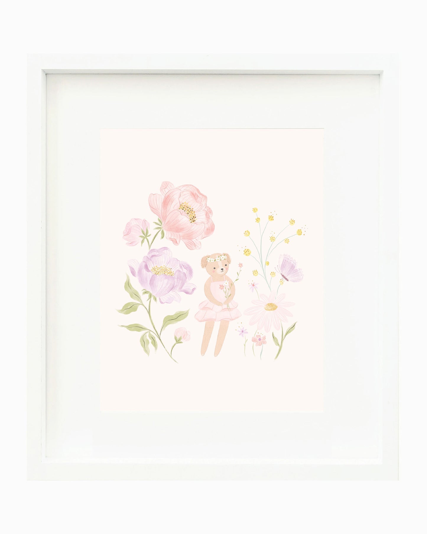 A framed art print featuring a watercolor illustration of a teddy bear surrounded by soft pink and purple flowers on a cream background, enclosed in a white frame.