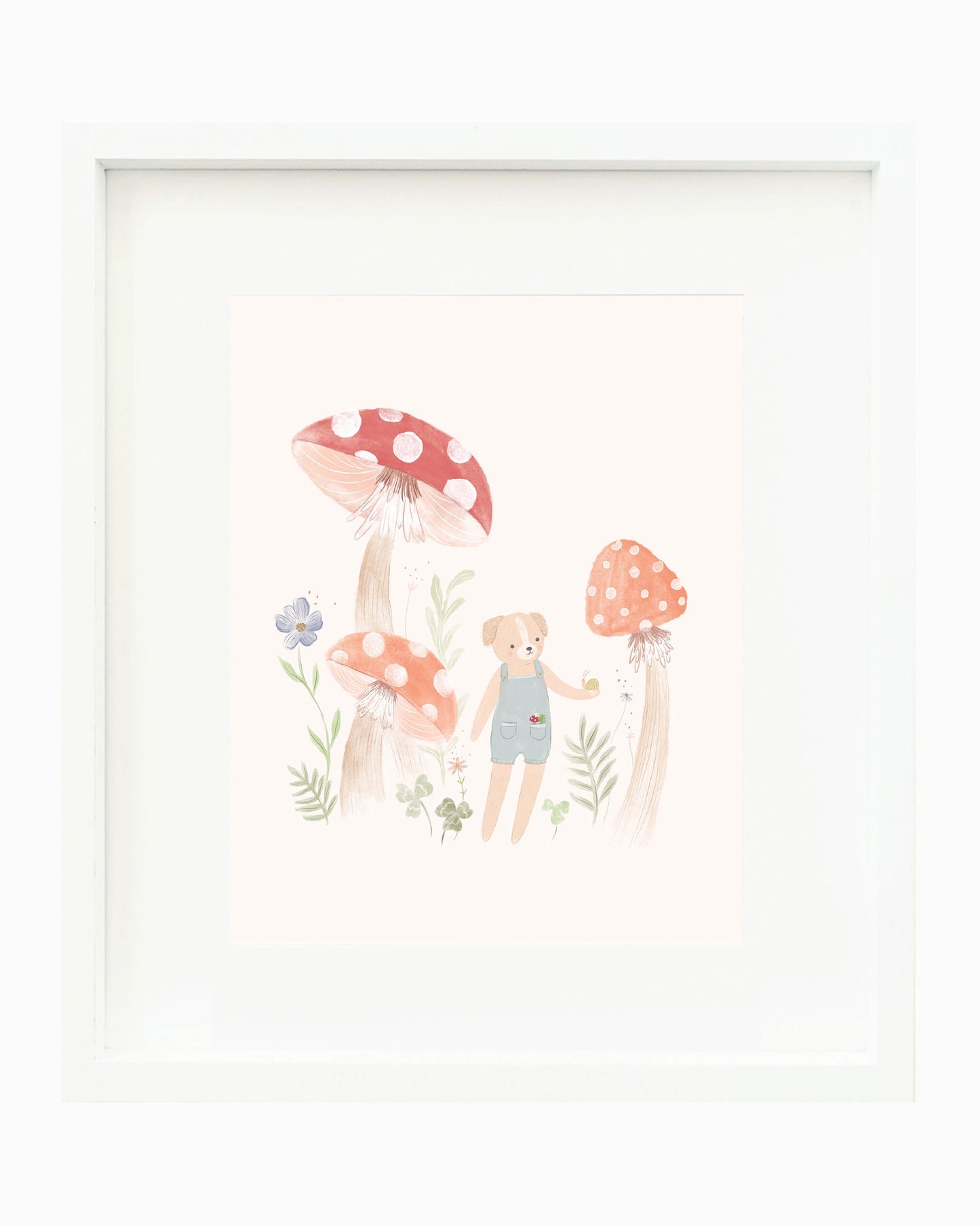 A framed children's art print featuring a cute illustration of a little girl in blue overalls standing among red and orange mushrooms and small flowers, presented in a white frame against a white background.