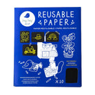 Reusable paper package with illustrations and text on a blue background