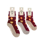 Three pairs of wool socks from the brand 'Fingertip' in their 'Wool Collection' from Norway. The socks feature a deep burgundy upper with a pattern of orange and yellow mushrooms and gray clouds, and a contrasting heather gray toe and heel.