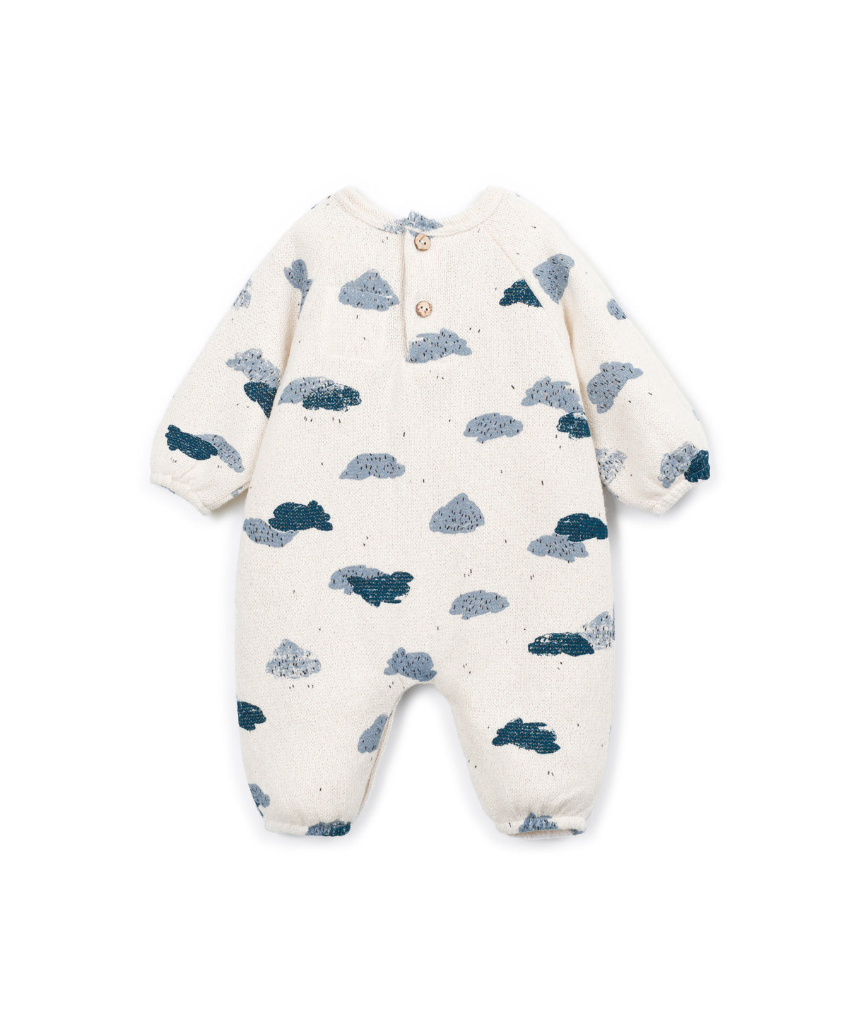 A baby long-sleeve footless one-piece romper in cream with a scattered cloud pattern in navy and slate blue, featuring a snap-button henley neckline.