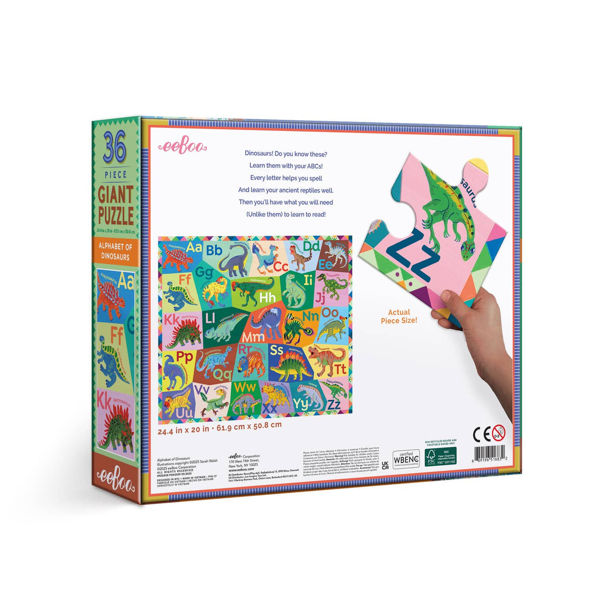 Giant puzzle box with colorful dinosaur and alphabet design on a white background