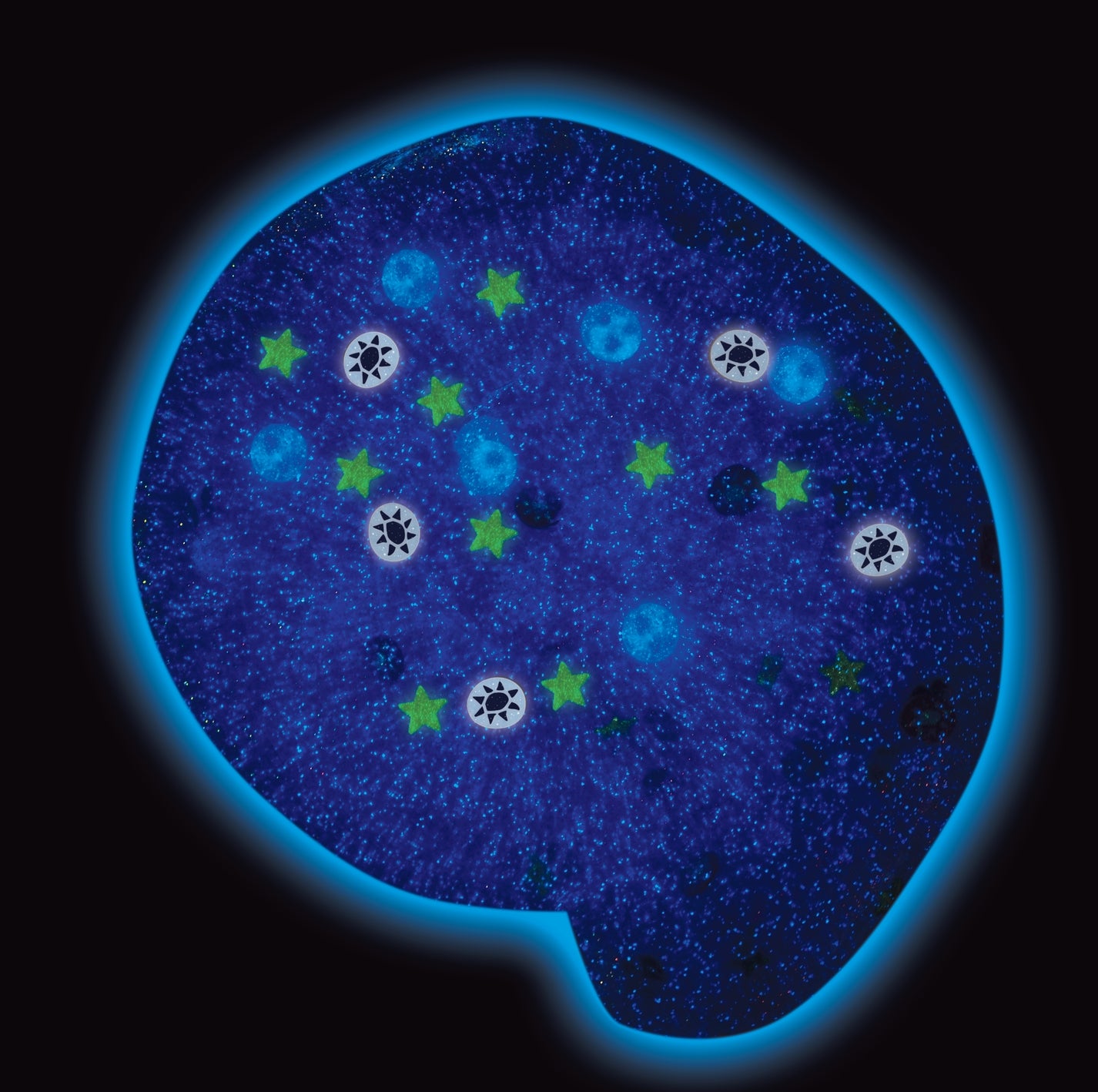 Glowing blue gel with star and circle shapes on a black background