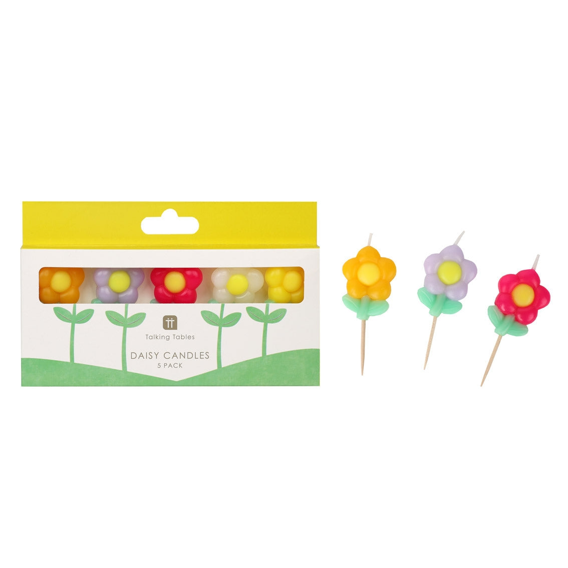 Flower-shaped candles with packaging on a white background