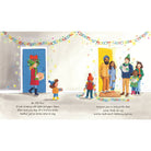 Illustration of a family at a door with colorful decorations and text.