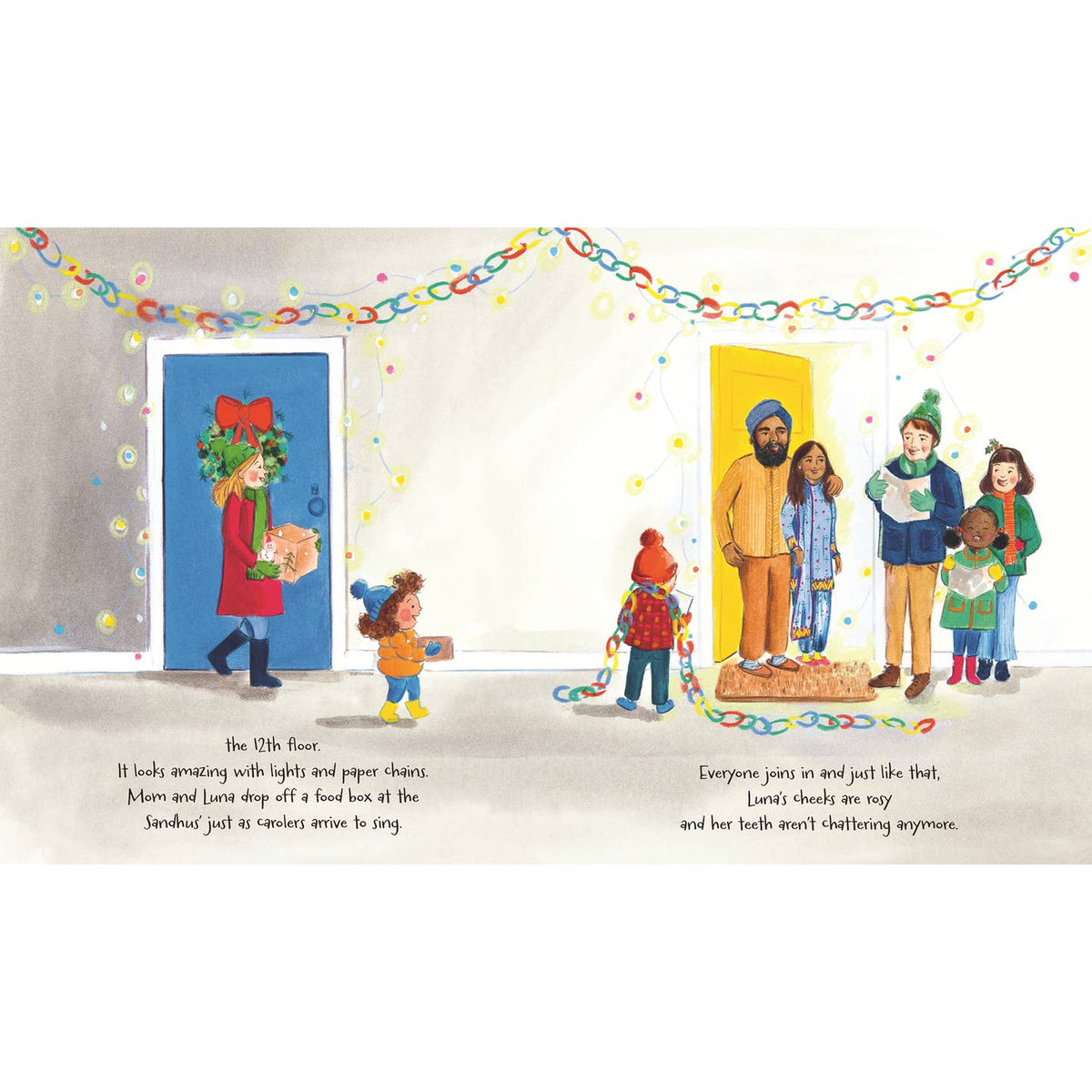 Illustration of a family at a door with colorful decorations and text.