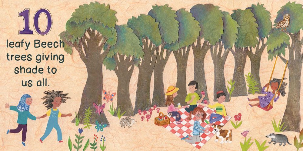 A colorful illustration from the book A Walk In The Forest showing a landscape with beech trees, a picnic on a checkered blanket, children playing and reading, an owl on a swing, and a badger, accompanied by the text: "10 leafy Beech trees giving shade to us all."