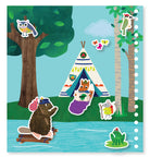 Illustration of animals around a teepee in a forest setting
