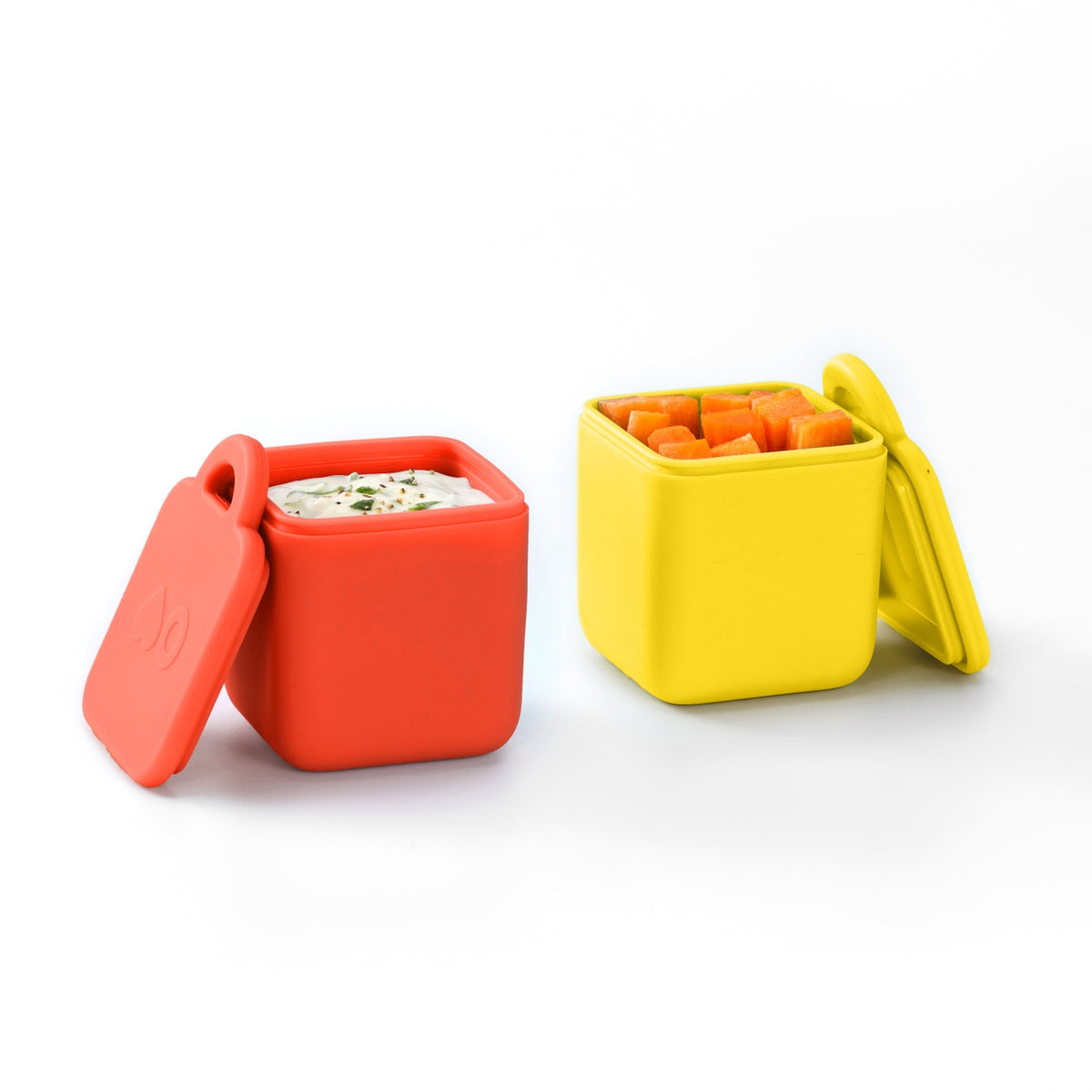 Two colorful containers, one red and one yellow, on a white background.