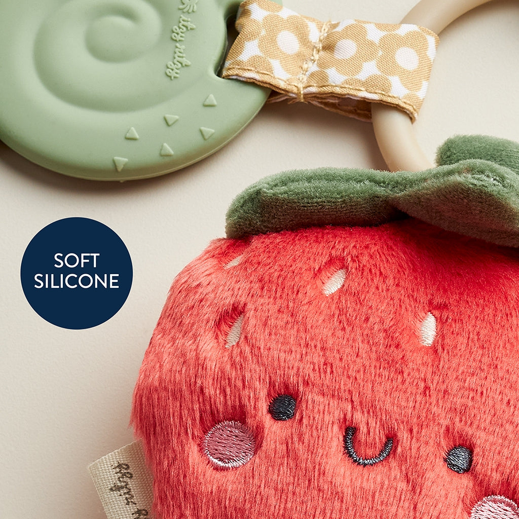 Teething toy with soft silicone design on a light background
