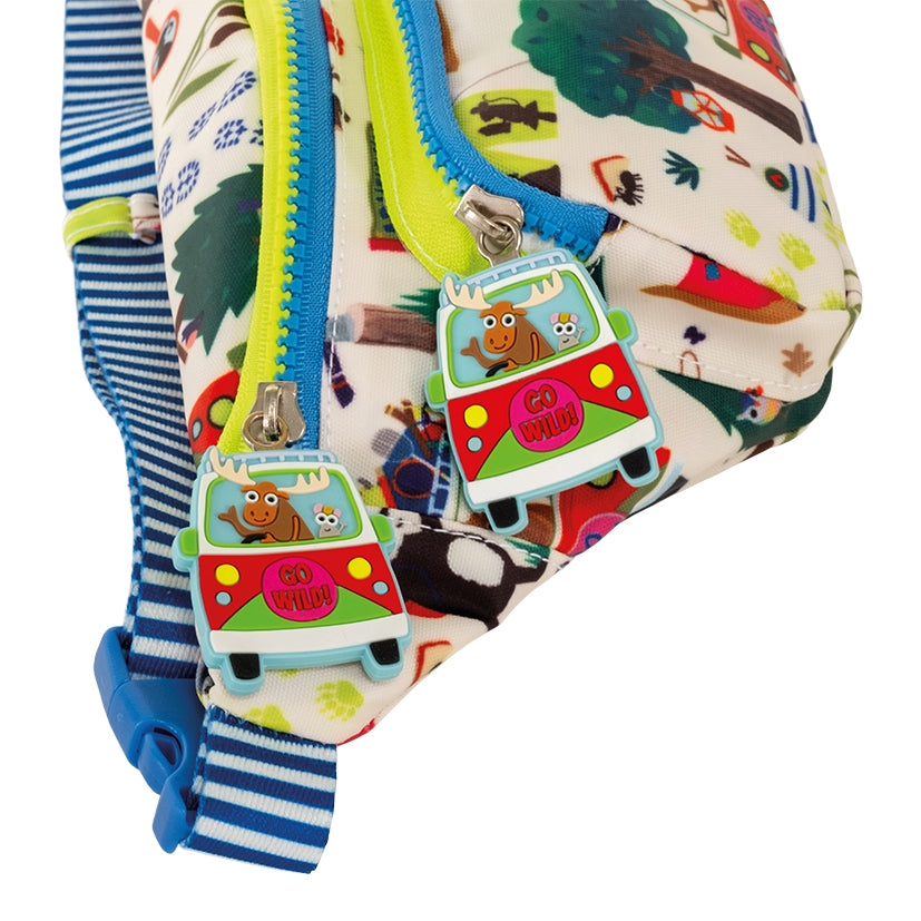 Children's diaper bag with colorful design and cartoon characters on a white background