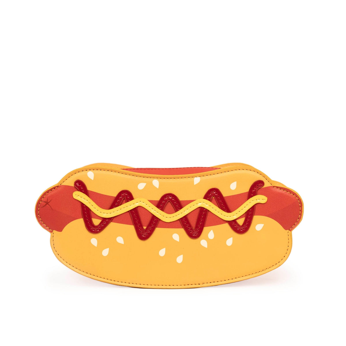 Hot dog-shaped pouch with yellow bun and red filling on a white background