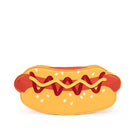 Hot dog-shaped pouch with yellow bun and red filling on a white background