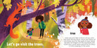 An open board book page from "Sign The Seasons: Fall" showing text that reads "Let's go visit the trees." above an illustration of a child walking among autumn trees with a large red squirrel looking down. On the right page, text labels "tree" above an inset illustration of a child demonstrating the American Sign Language sign for "tree," accompanied by instructional text detailing the hand movement.