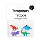Pack of temporary tattoos with dinosaur designs on a white background