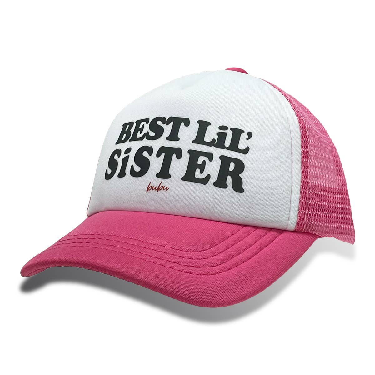 Pink and white cap with 'Best Lil' Sister' text on a white background