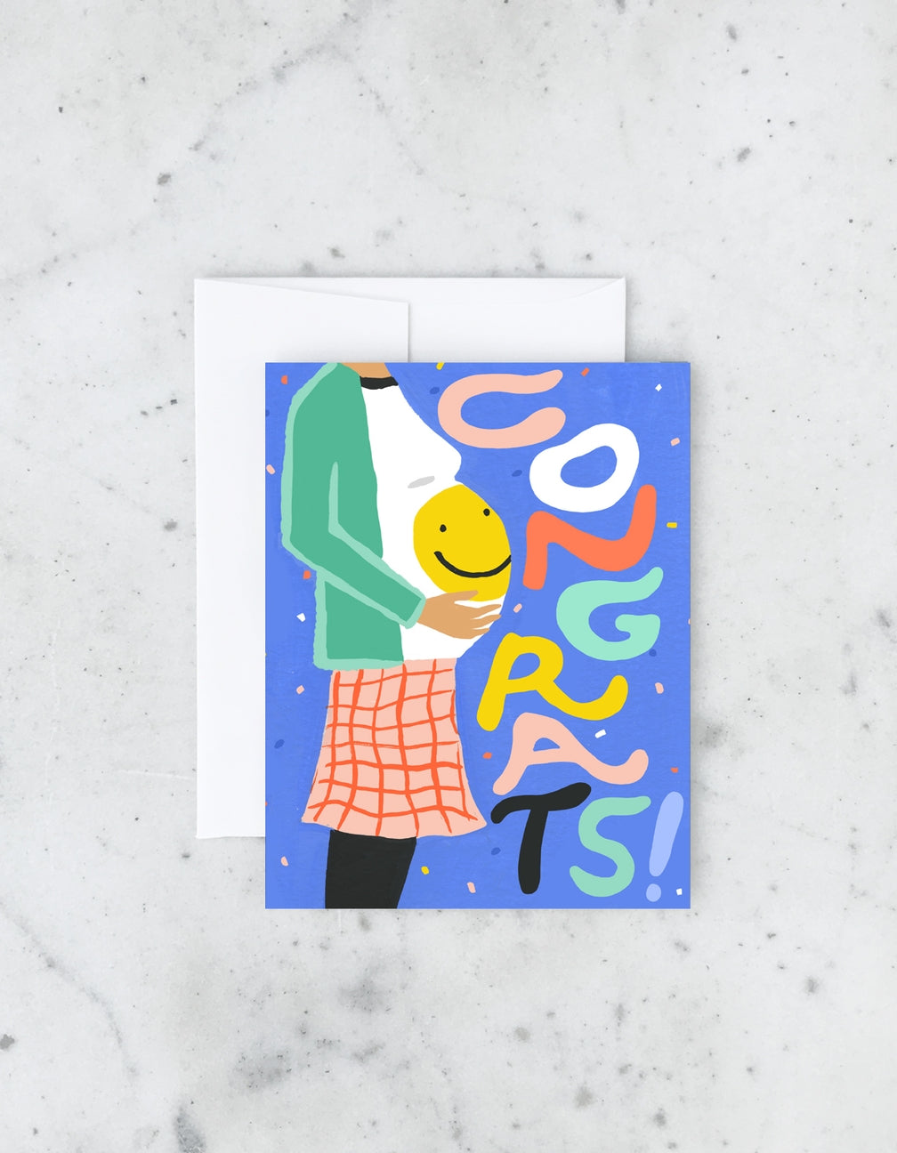Greeting card with colorful illustration of a person and child, and 'Congrats!' text on a marble background.