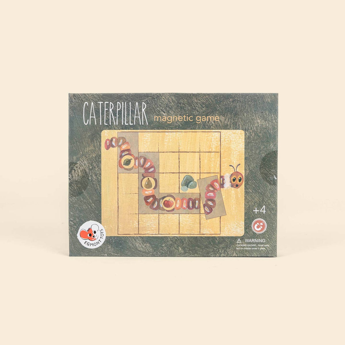 Caterpillar magnetic game packaging on a beige background