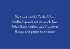 Text on a blue background about football games and riddles.