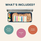 An open reusable metal tin filled with wooden bead decorations, wooden cutout pieces, and colorful thread spools, with the headline 'WHAT'S INCLUDED?' and three colored circles listing contents on a light beige background.
