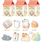 Set of cute cat-shaped squishies with their packaging on a white background