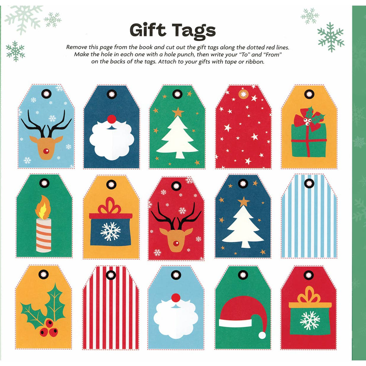 Set of Christmas-themed gift tags on a white background with snowflake decorations.