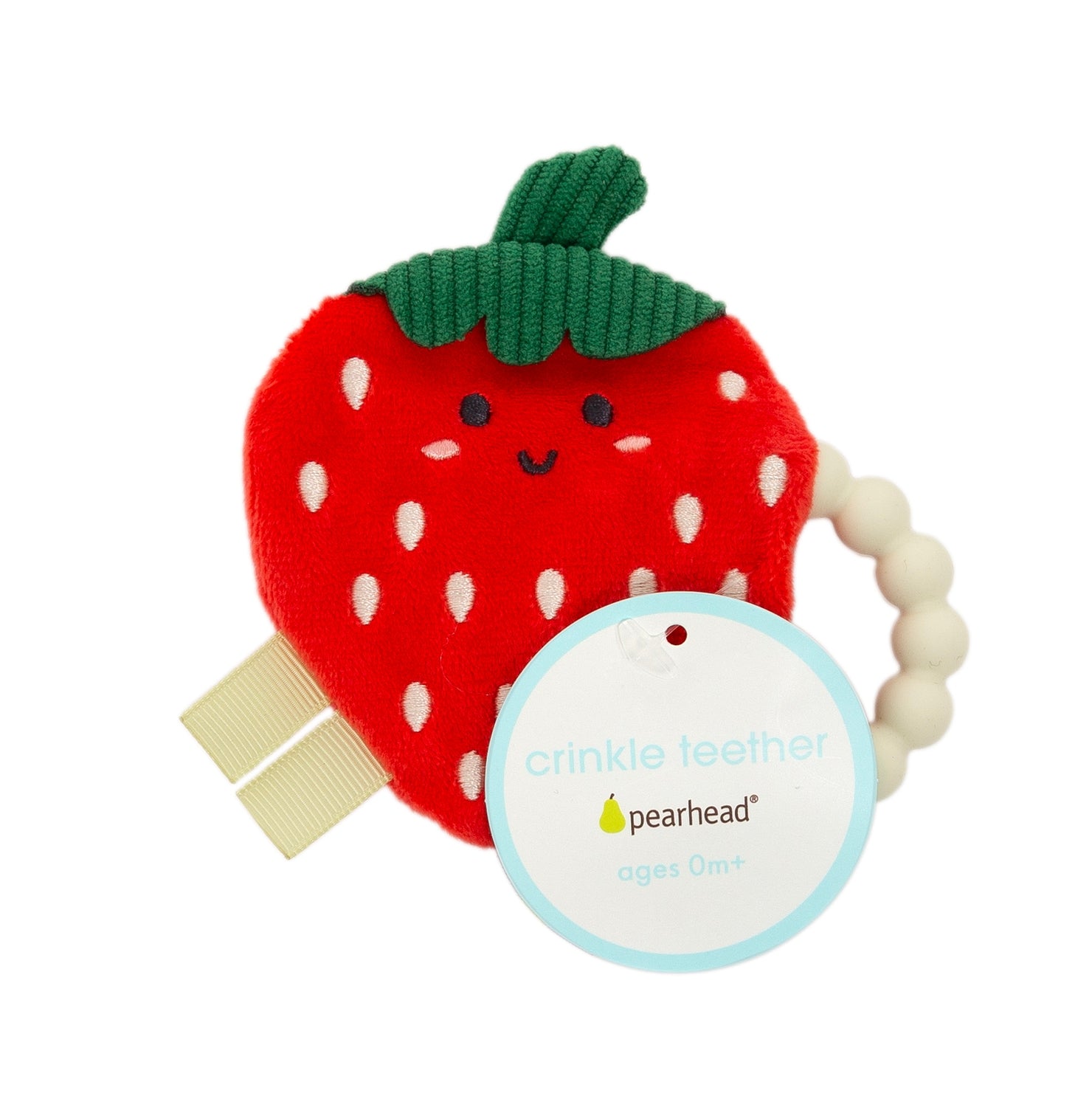 Strawberry-shaped crinkle teether with a Pearhead tag on a white background