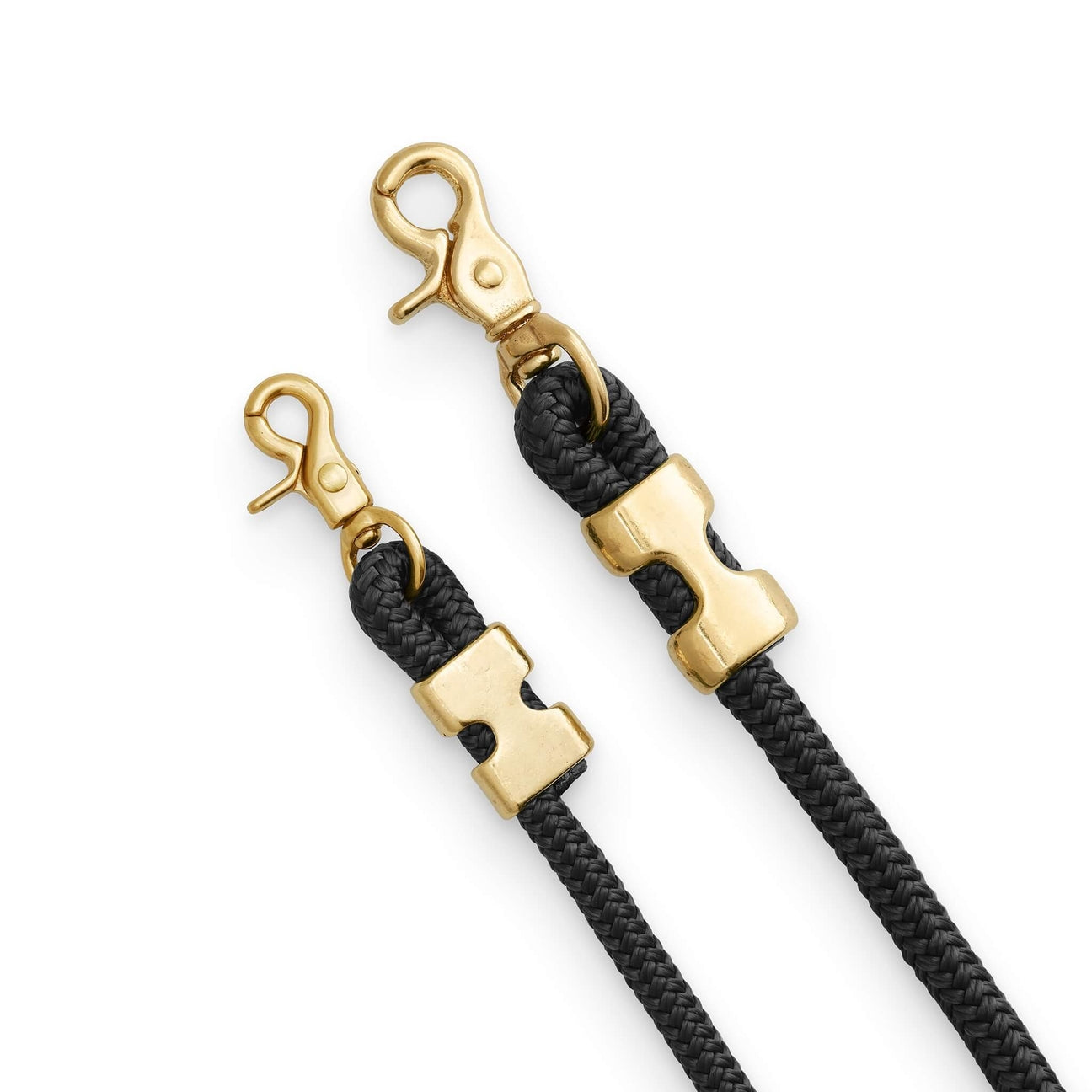 Two black rope straps with gold hardware on a white background