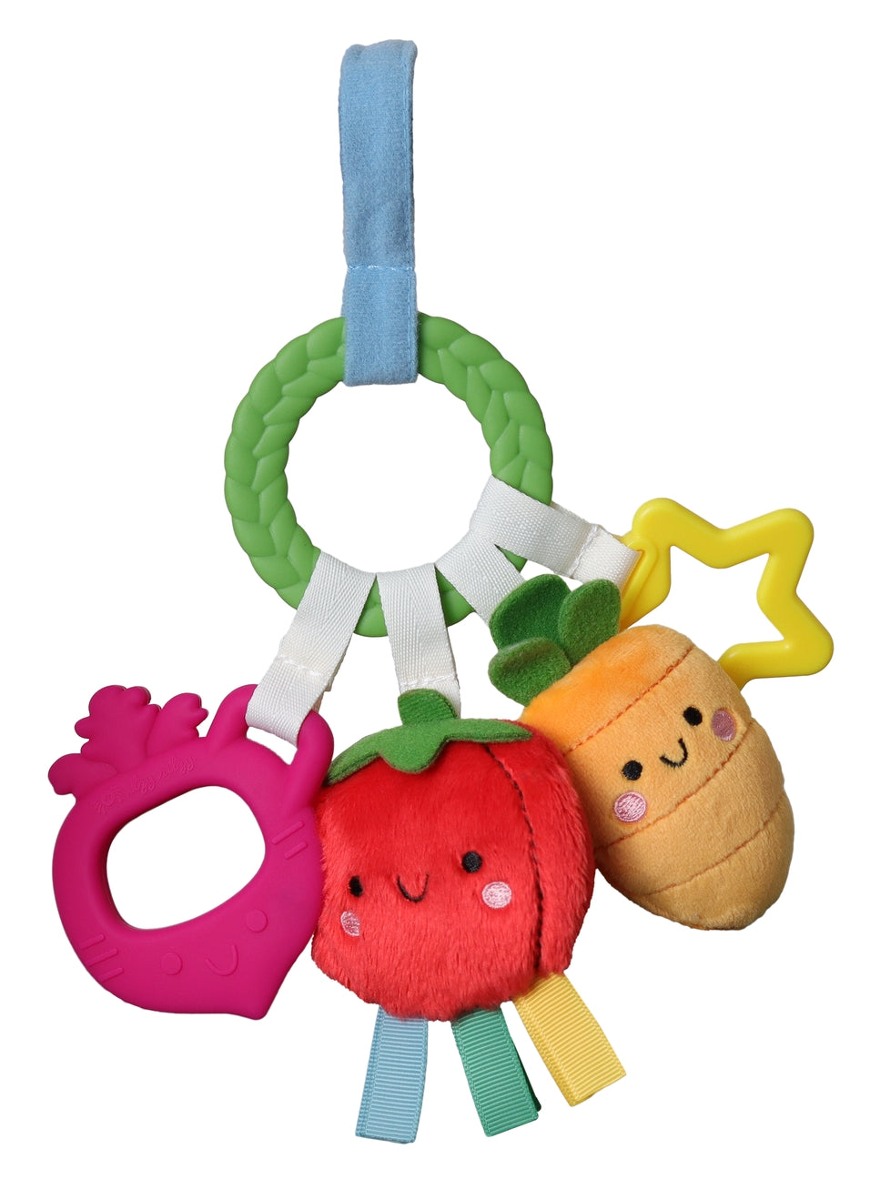 Colorful baby teething toy with fruits and vegetables on a white background
