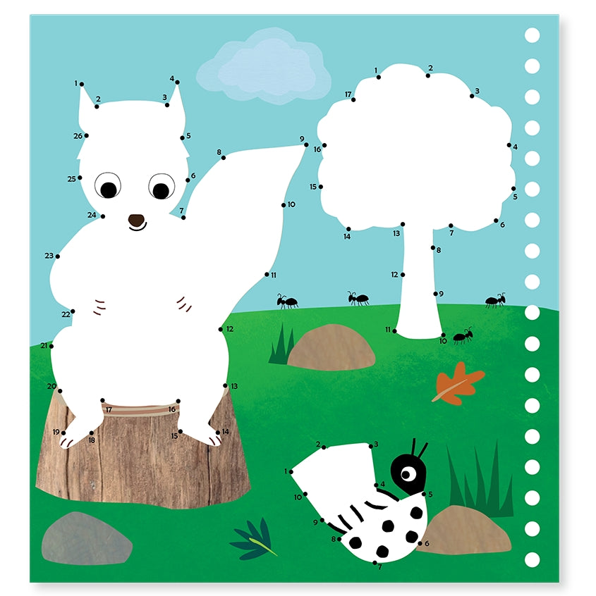 Children's dot-to-dot activity sheet with a polar bear and butterfly illustration.
