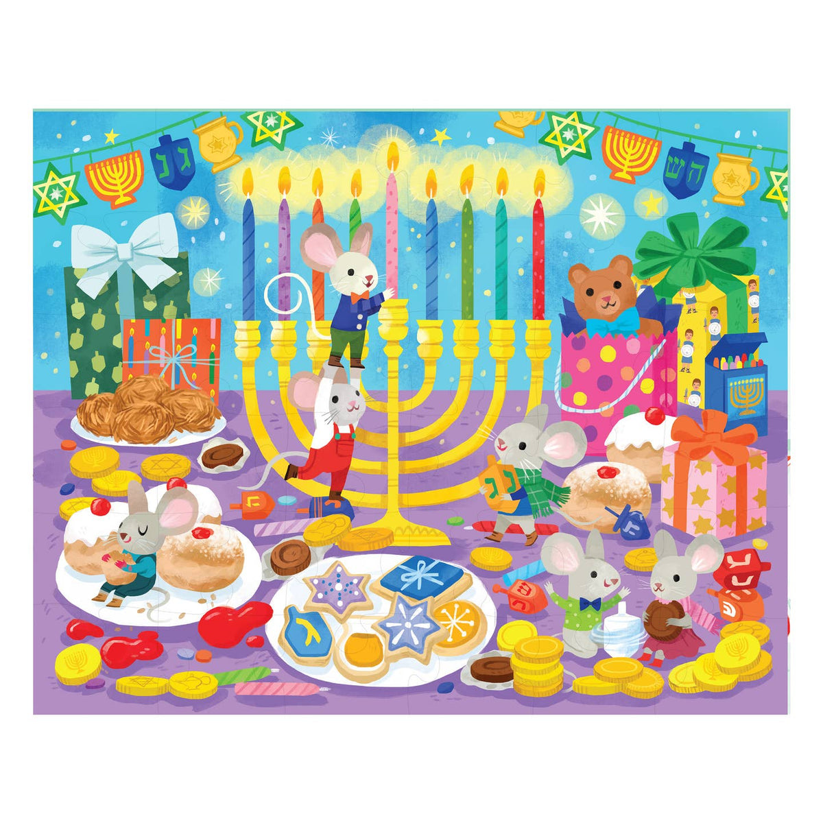 A colorful illustrated scene featuring small animals celebrating Hanukkah with a large yellow menorah, wrapped gifts, cookies, candy, stars, and dreidels on a blue and purple background.