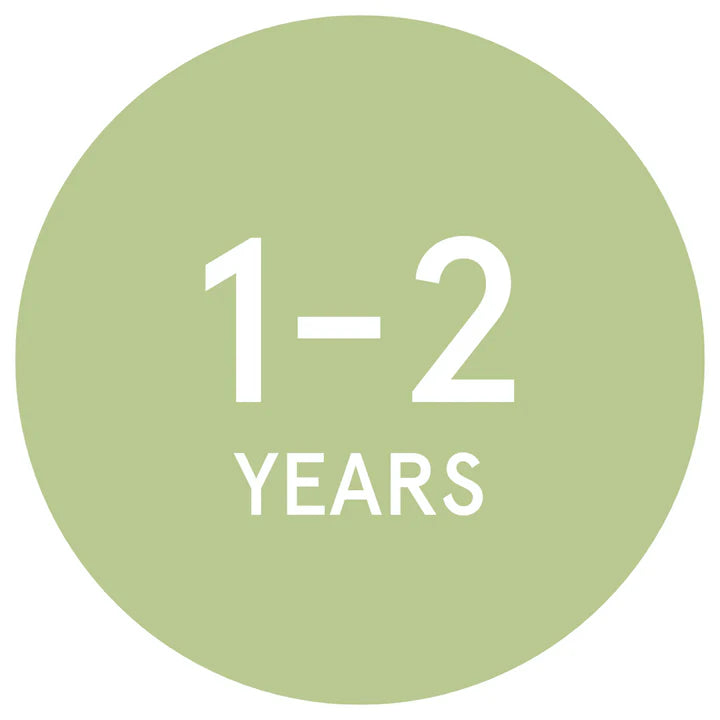 A light sage green circular graphic with white text reading '1-2 YEARS' on a white background.