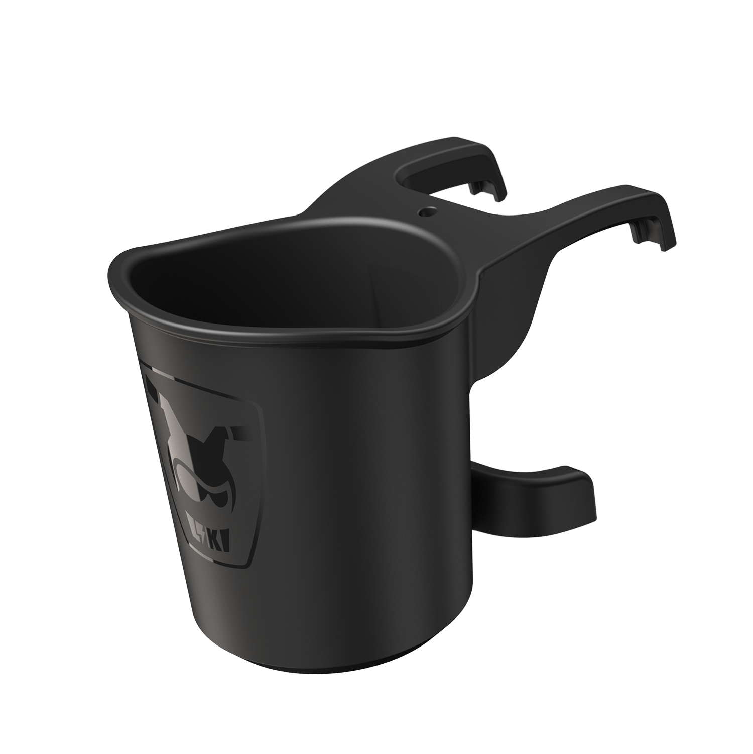 Black car cup holder with a logo on a white background