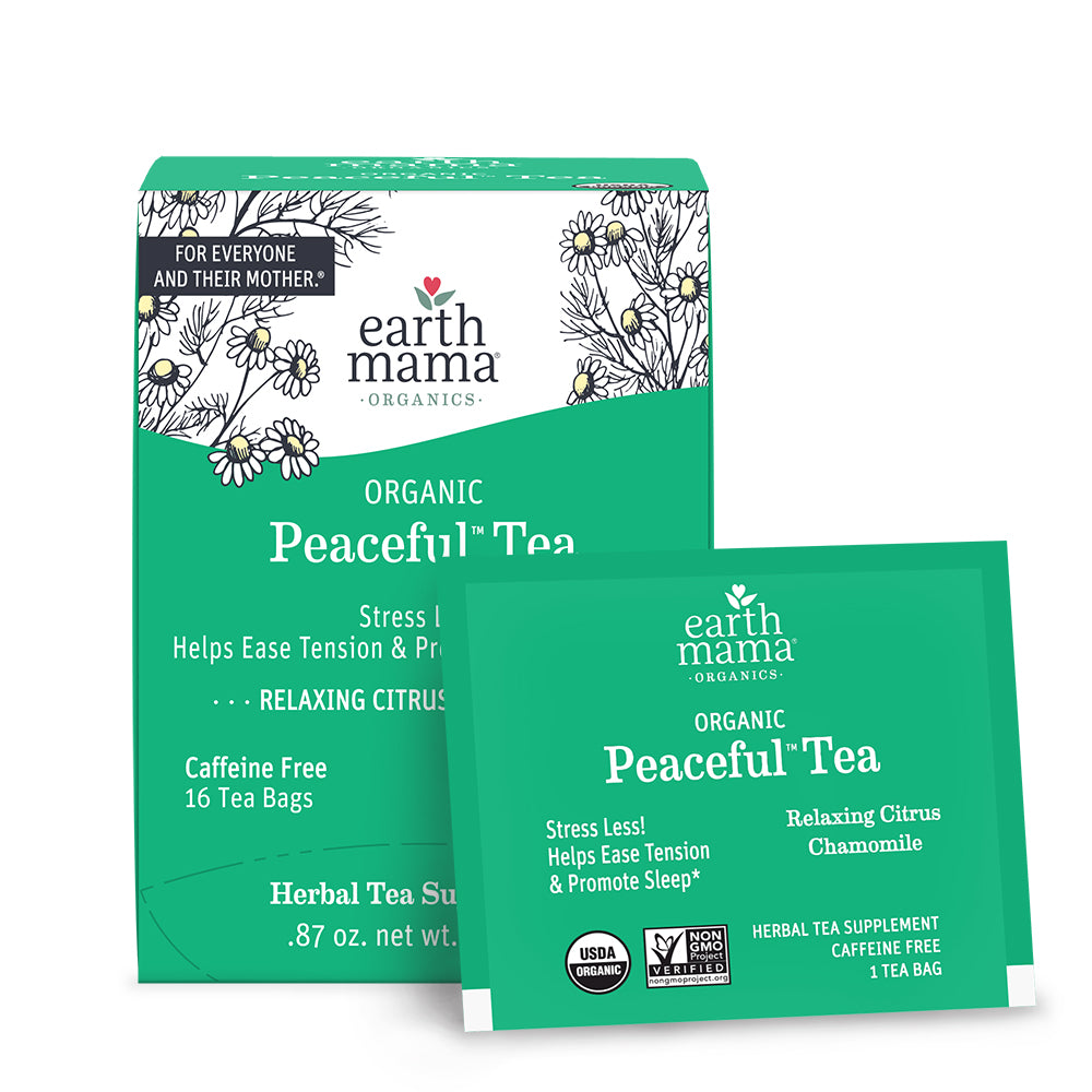 Two boxes of earth mama organic Peaceful Tea on a white background