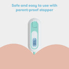 Digital thermometer being held against skin with text about safety and ease of use.