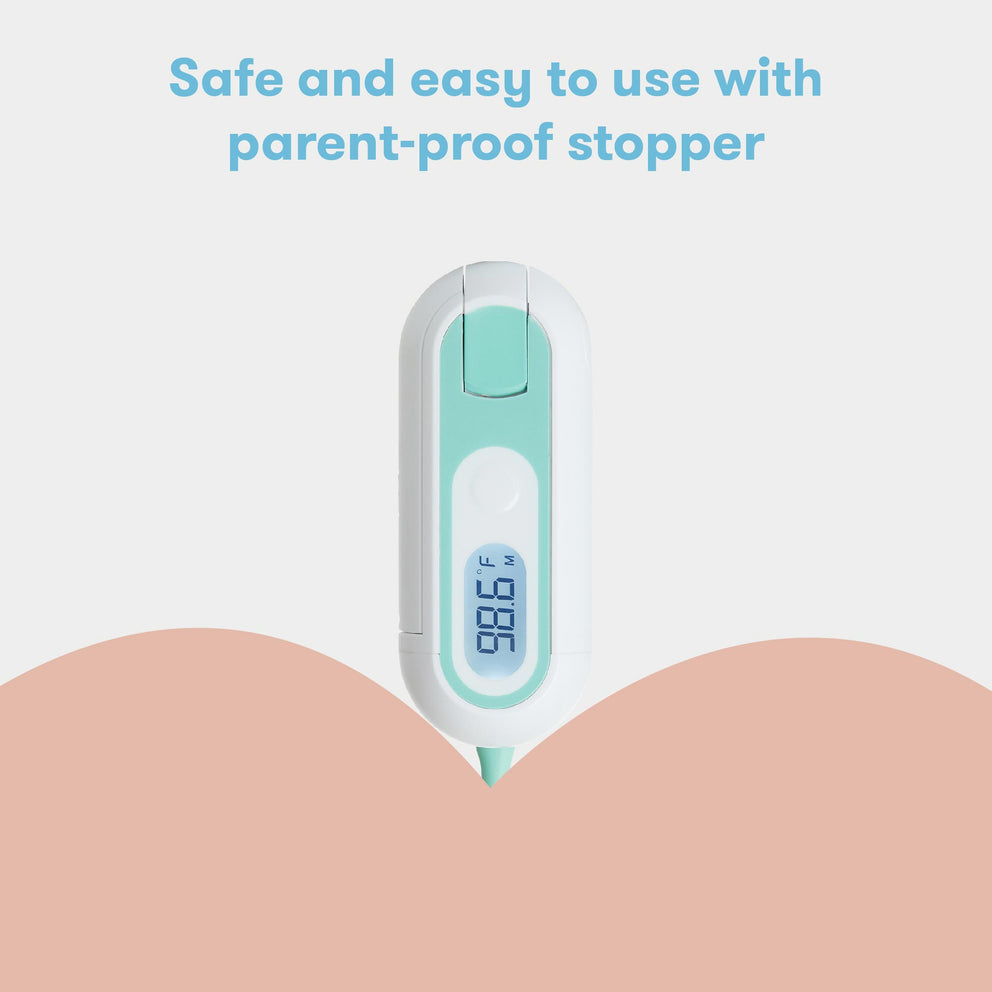 Digital thermometer being held against skin with text about safety and ease of use.