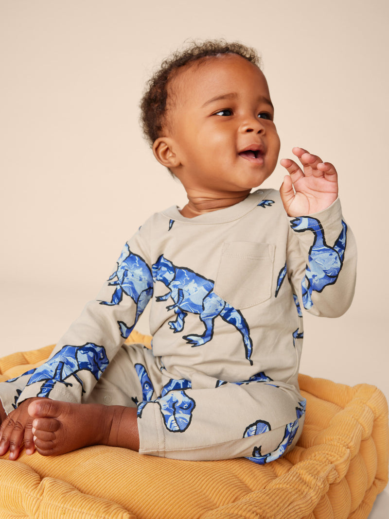 Long Sleeve Pocket Baby Romper - T-Rex in Marble by Tea Collection