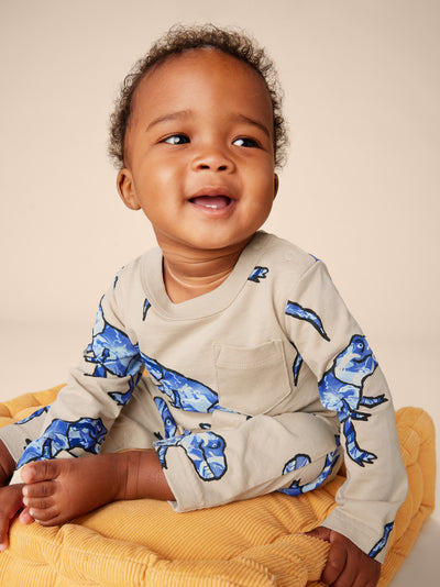 Long Sleeve Pocket Baby Romper - T-Rex in Marble by Tea Collection