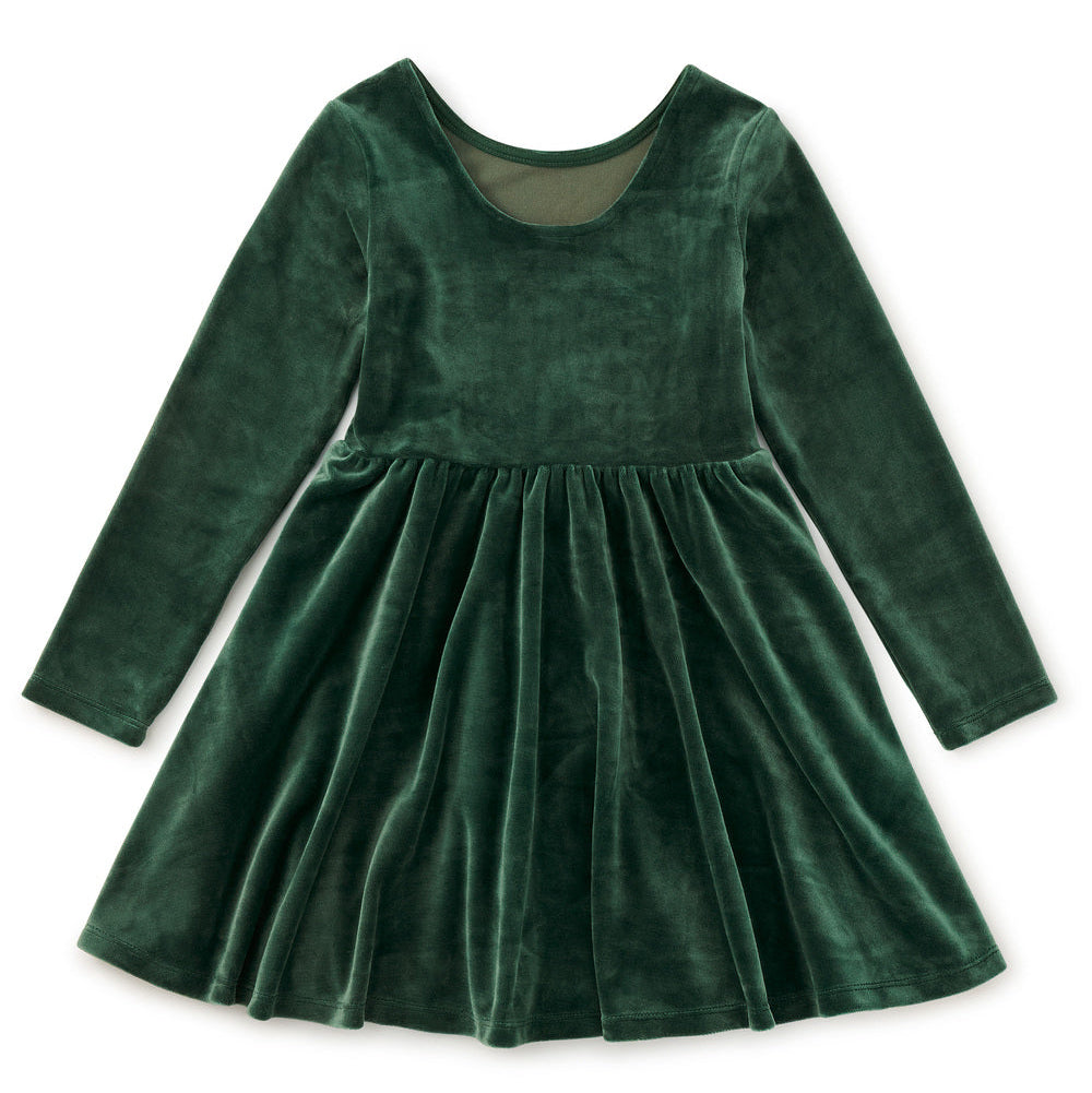 A long-sleeve velvet dress in dark forest green, featuring a scoop neckline, gathered waist, and flared skirt, shown flat on a white background.
