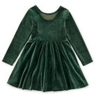 A long-sleeve velvet dress in dark forest green, featuring a scoop neckline, gathered waist, and flared skirt, shown flat on a white background.