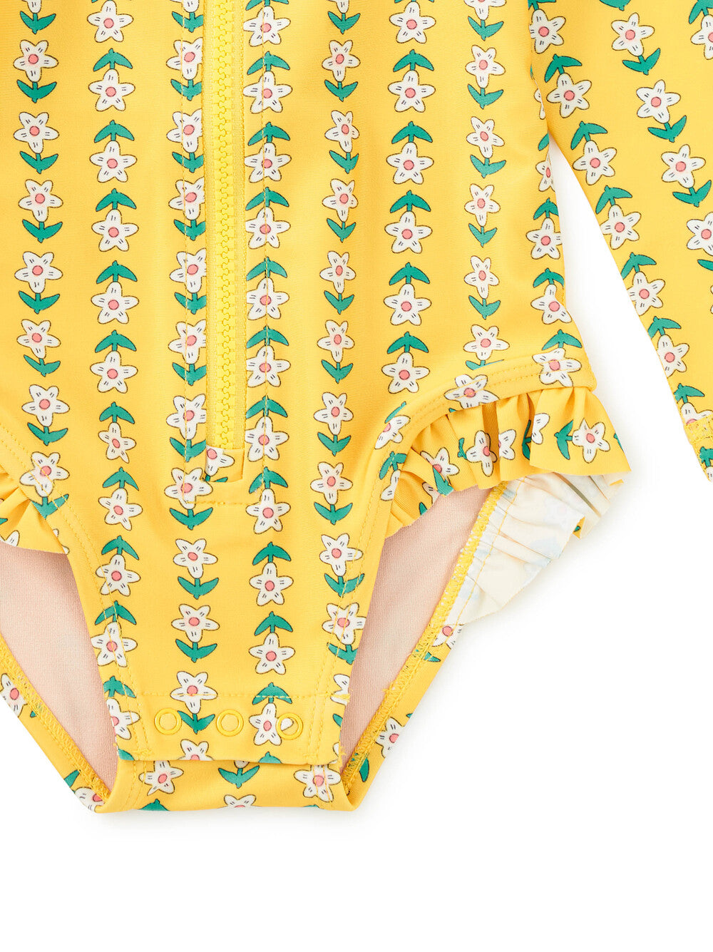 Yellow floral patterned baby romper on a white background