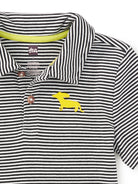 Black and white striped polo shirt with yellow dachshund logo on a white background
